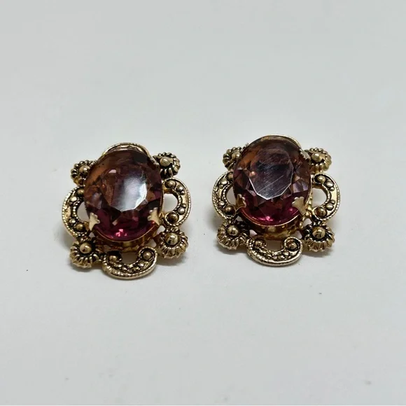 Marino, Vintage Gold And Purple Glass Cabochon Earrings, Clips, Marino 1932-1978 - Picture 1 of 8